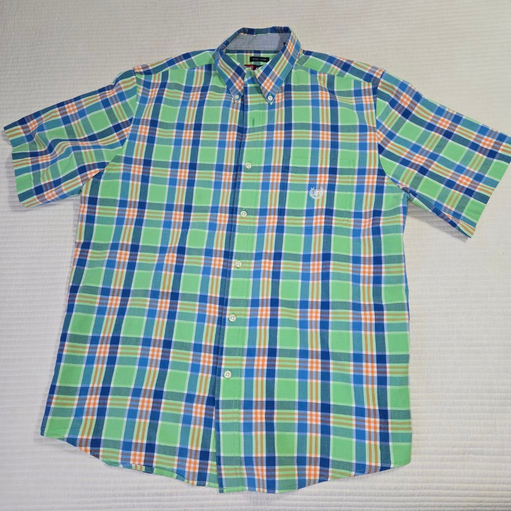 Men's Chaps Plaid Short Sleeve Button Down Shirt Size L Green Blue